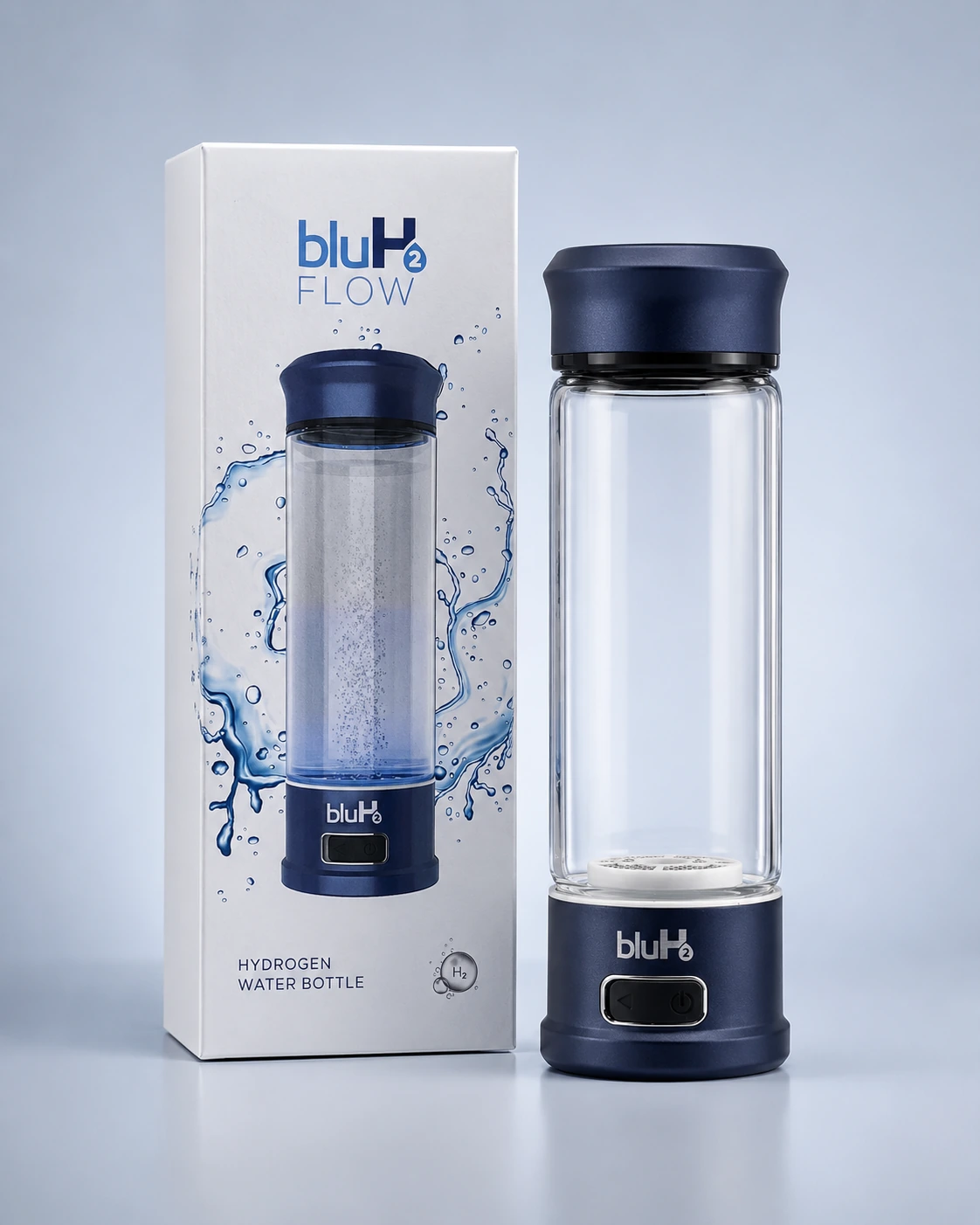 BluH2 Flow hydrogen water bottle beside its retail packaging