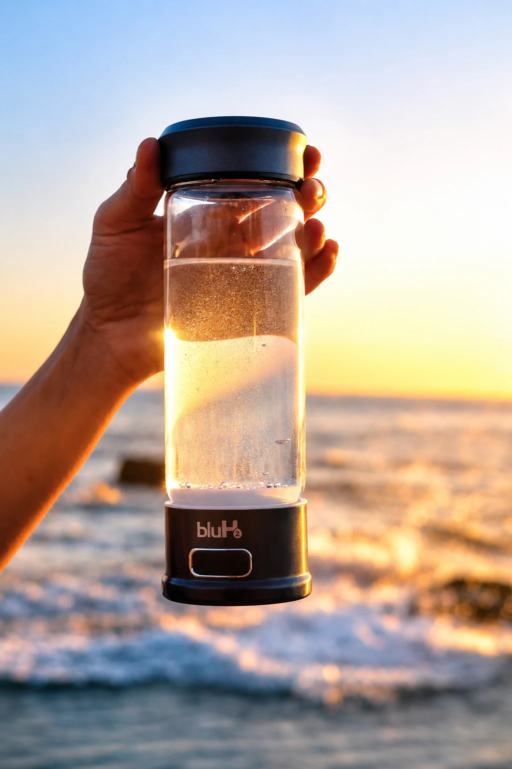 BluH2 Flow bottle held up against an ocean sunset