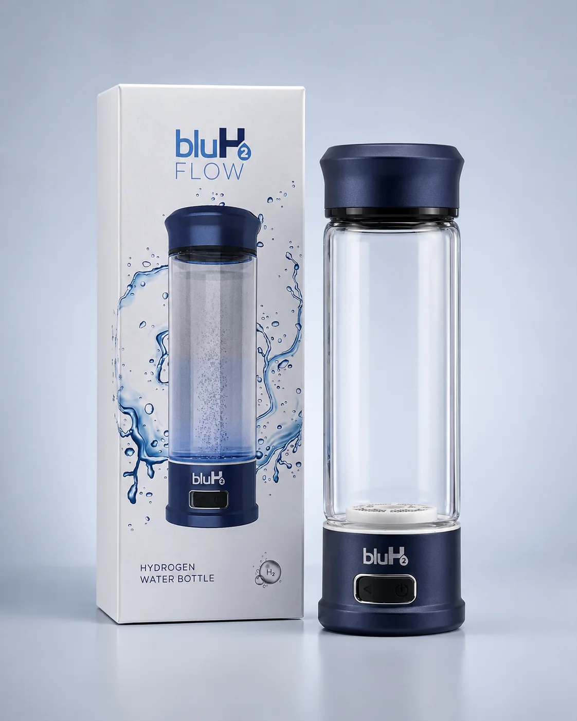 BluH2 hydrogen water bottle surrounded by clear water forms